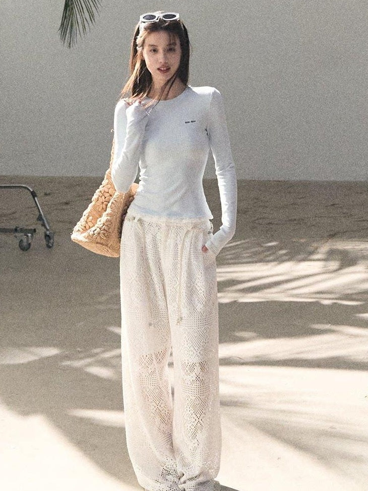 7 OAKMOO Mid Rise Cotton Blend Casual Straight Fit Women Mist White Wide Leg Pants