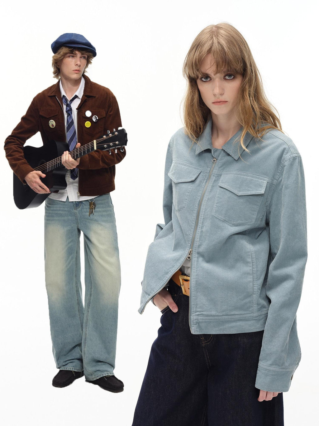 Country Moment Cotton Lined Warm Short Zip Lapel Unisex Commuter Blue Brown Cropped Jackets
