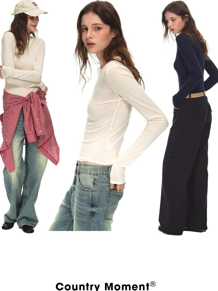 Country Moment Breathable Lyocell Wool Slim Crewneck Commuter Casual Long Sleeve T-Shirts