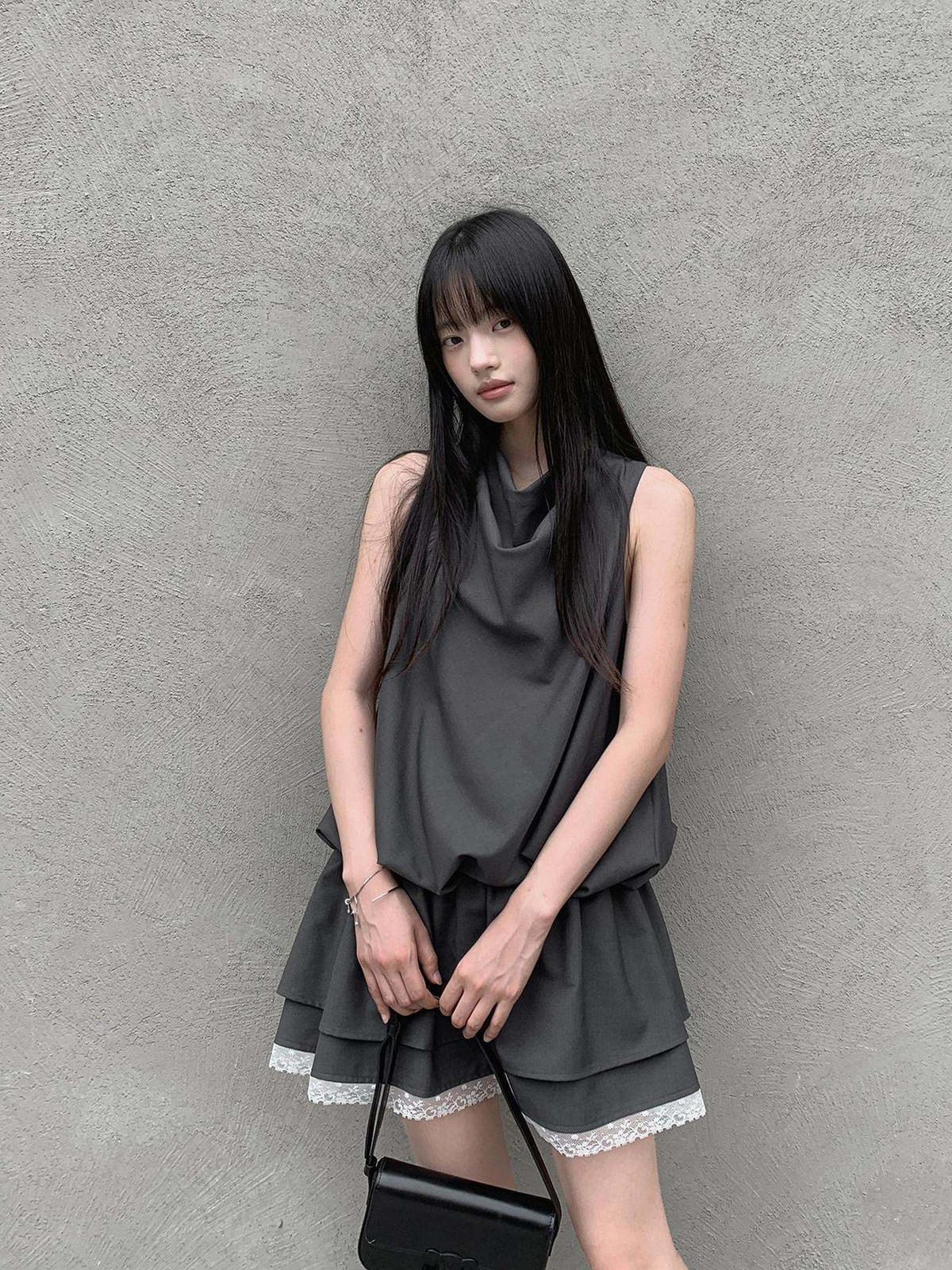 DDGIRL studio Lace Panel High Waist A Line Sleeveless Commuter Young Women Mini Dresses