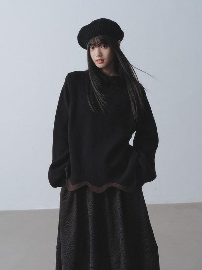 DDGIRL studio Warm Chunky Wave Pullover Oversized Commuter Mock Neck Women Black Sweaters