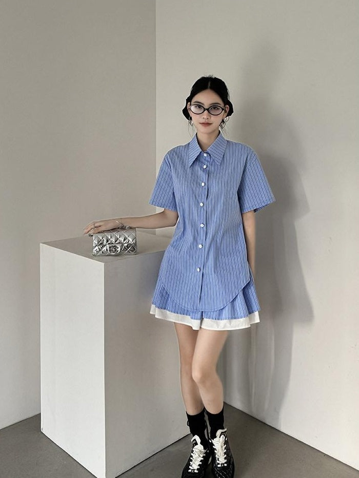 DDGIRL studio Breathable Relaxed Polo Short Sleeve Women Striped Blue Top & Skirt Sets