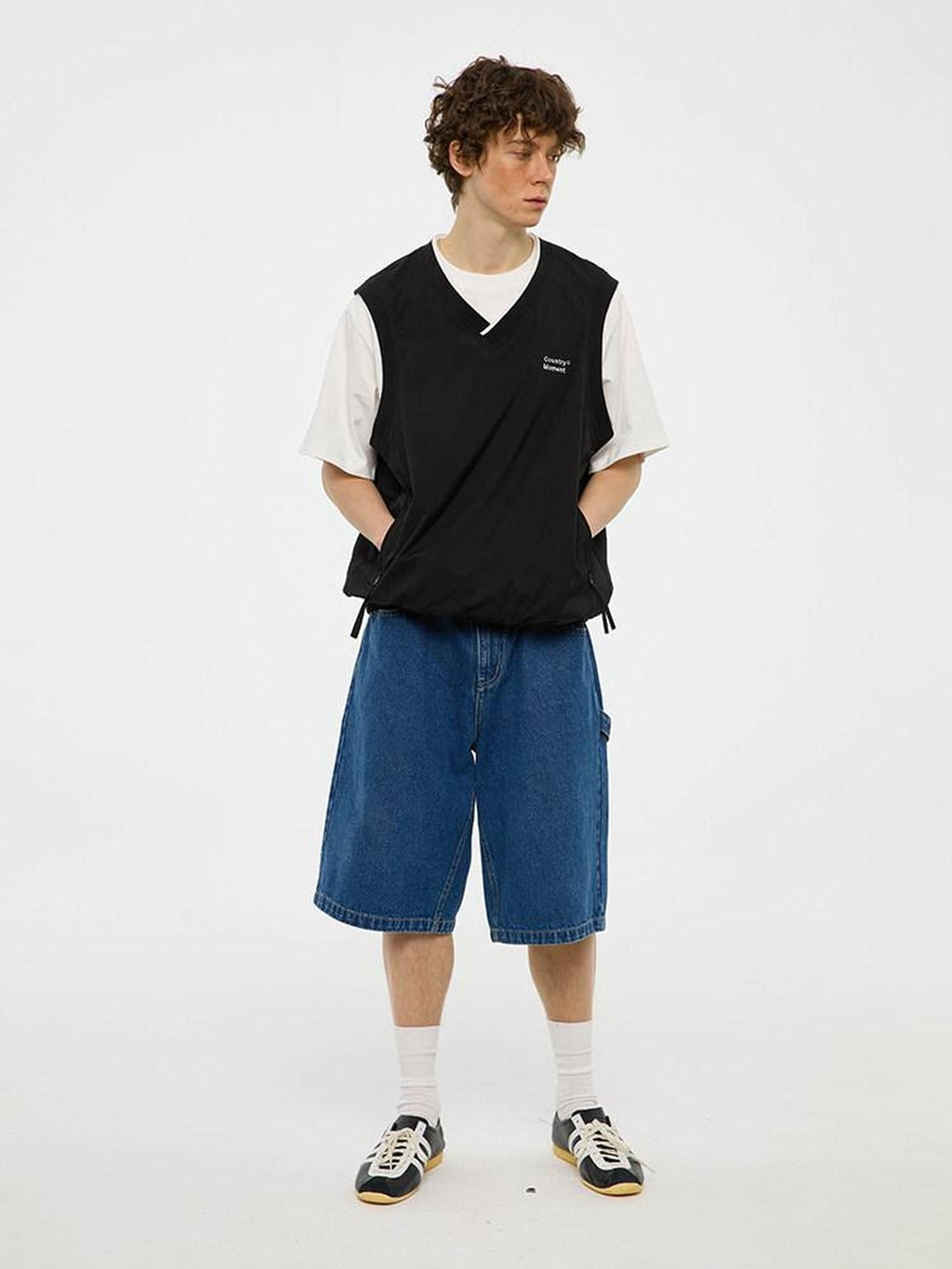 Country Moment Cotton Denim Mid High Waist Loose Straight Casual Zip Fly Mid-Length Shorts