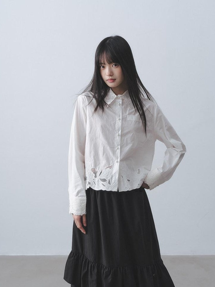 DDGIRL studio Skin Friendly Cotton Lace Embroidered Cropped Cardigan White Long Sleeve Shirts