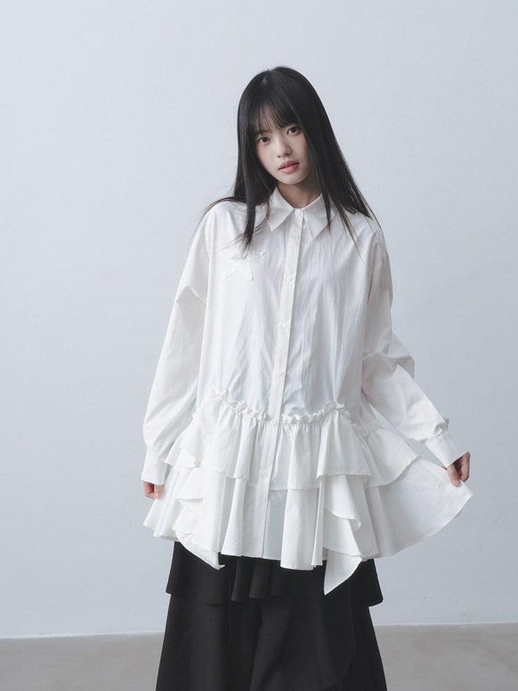 DDGIRL studio High Waist Ruffle Commuter Shirt Dress A Line Women White Button Mini Dresses