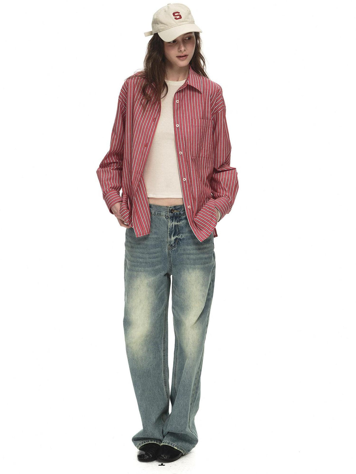 Country Moment 100% Cotton Vintage Oversized Red Stripe Button Long Sleeve Women Shirts