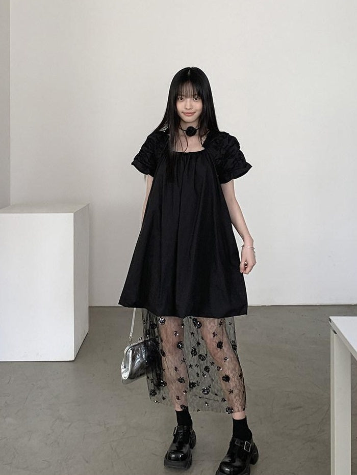 DDGIRL studio 100% Cotton Pullover Bardot Neck A Line Lantern Skirt Workwear Midi Dresses