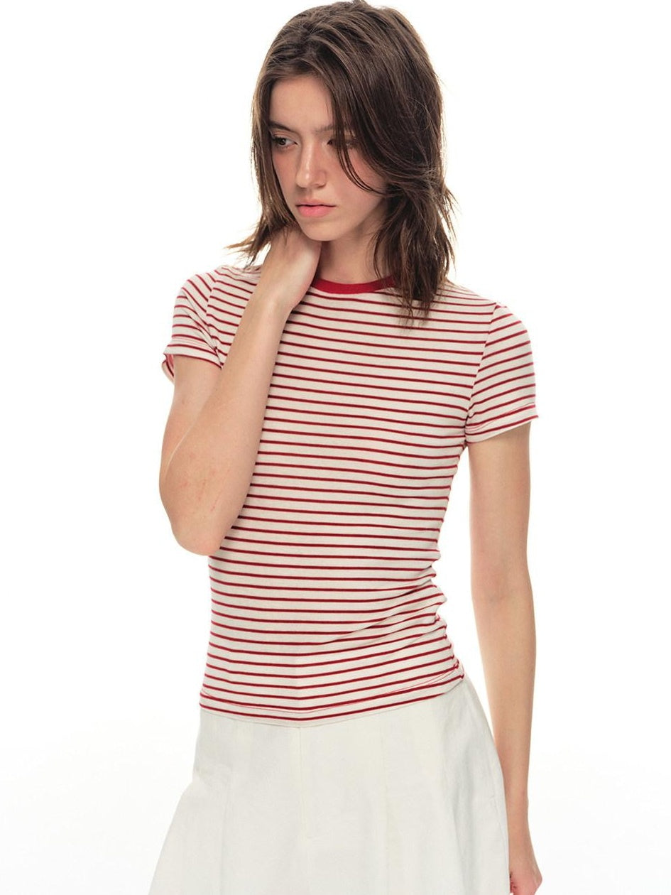 Country Moment Lyocell Wool Blend Striped Slim Fit Women Navy Casual Short Sleeve T-Shirts