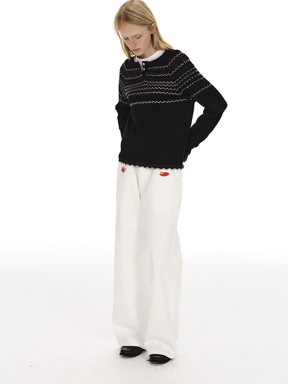 Country Moment Jacquard Henley Button Pullover Slim Fit Youth Wool Blend Striped Sweaters