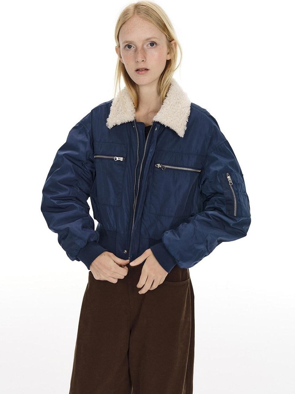 Country Moment Waterproof Cotton Padded Zipper Drop Shoulder Women Navy Cropped Jackets