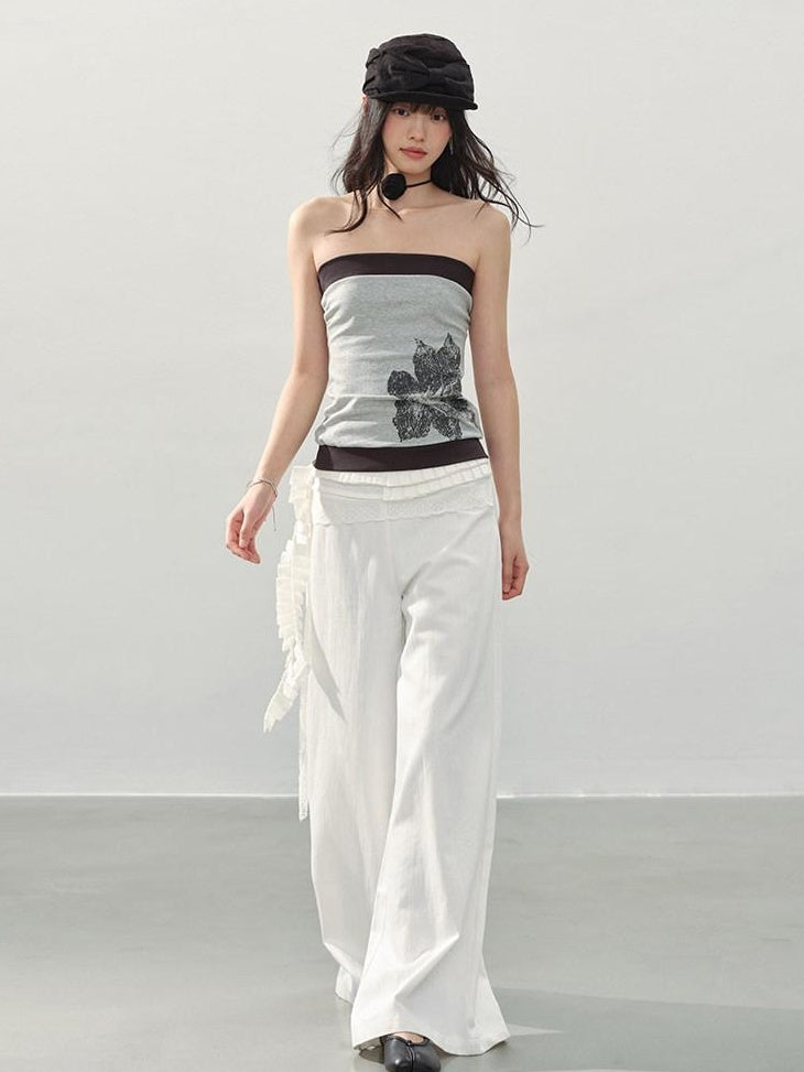 DDGIRL studio High Waist Shape Retaining Casual Lace Trim Solid White Women Wide Leg Pants