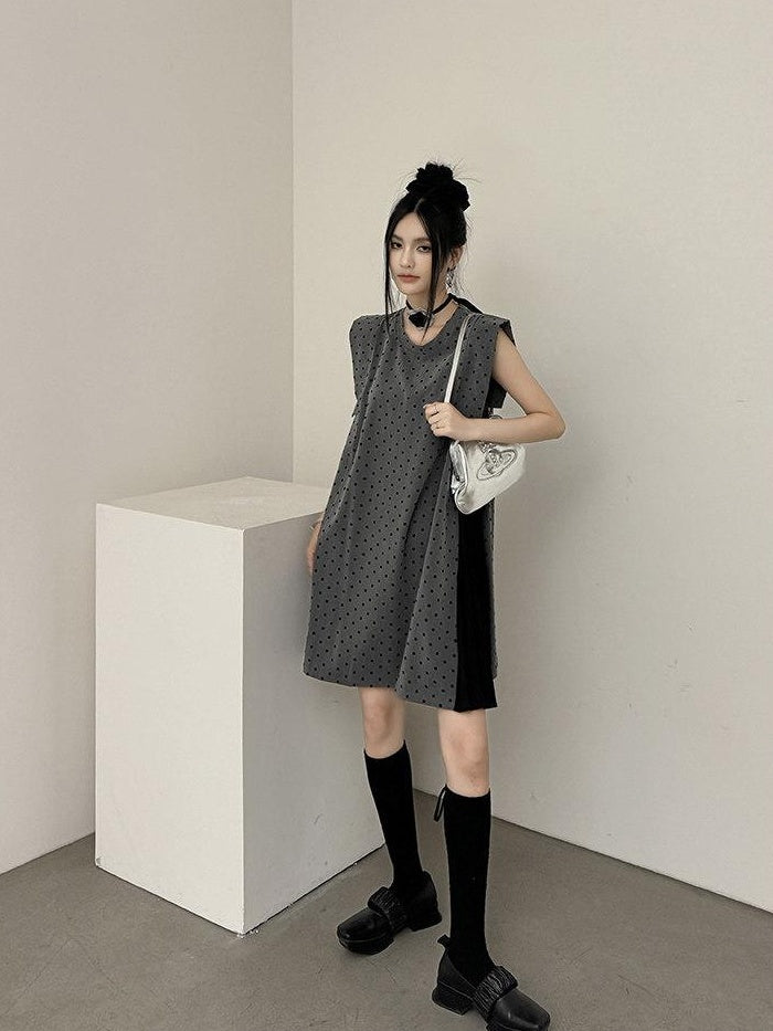 DDGIRL studio Soft Patchwork A Line Loose Fit Sleeveless Commuter Flocked Midi Skirts