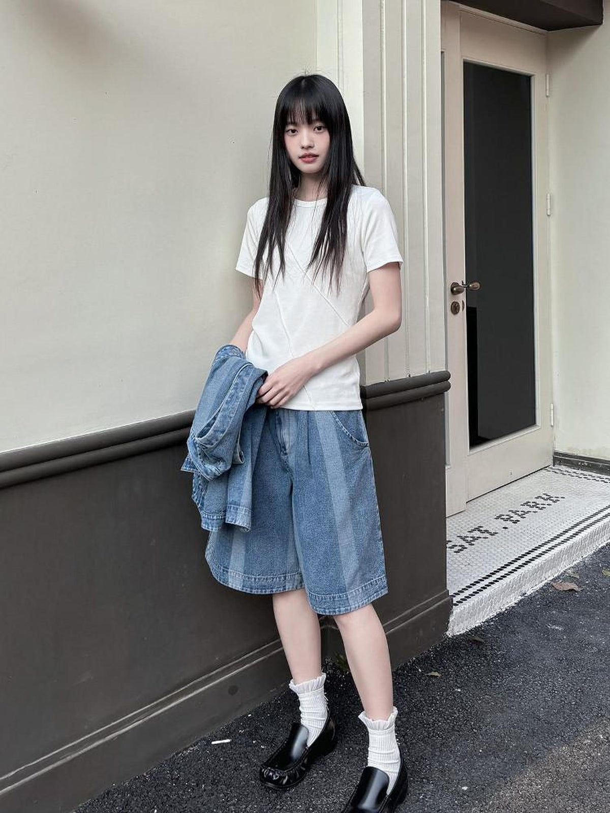 DDGIRL studio Stretch Cotton Blend Korean Straight Crew Neck White Short Sleeve T-Shirts