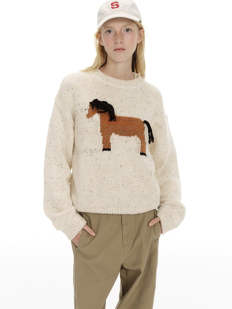 Country Moment Cozy Soft Loose Vintage Pullover Women Wool Blend Horse Pattern Sweaters