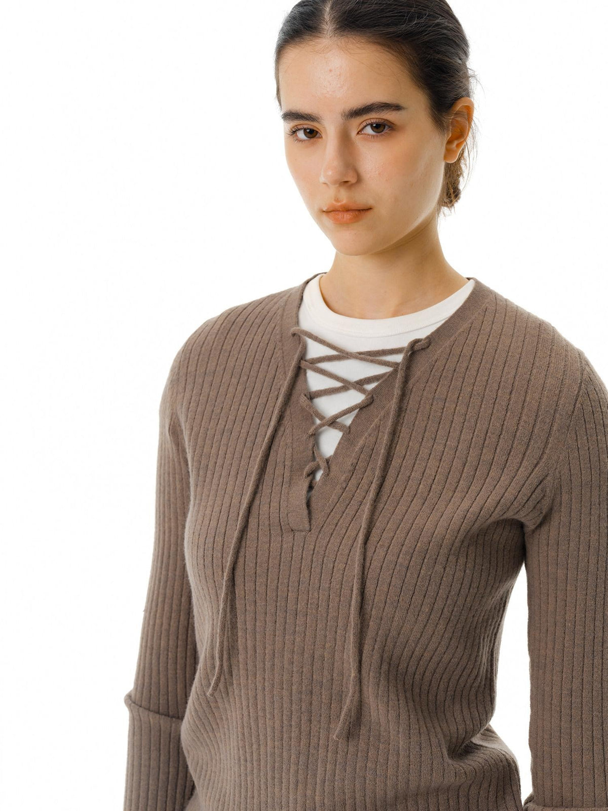 Country Moment Soft Tie V-neck Slim Knit Casual Breathable Daily Wear Women Acrylic Sweaters