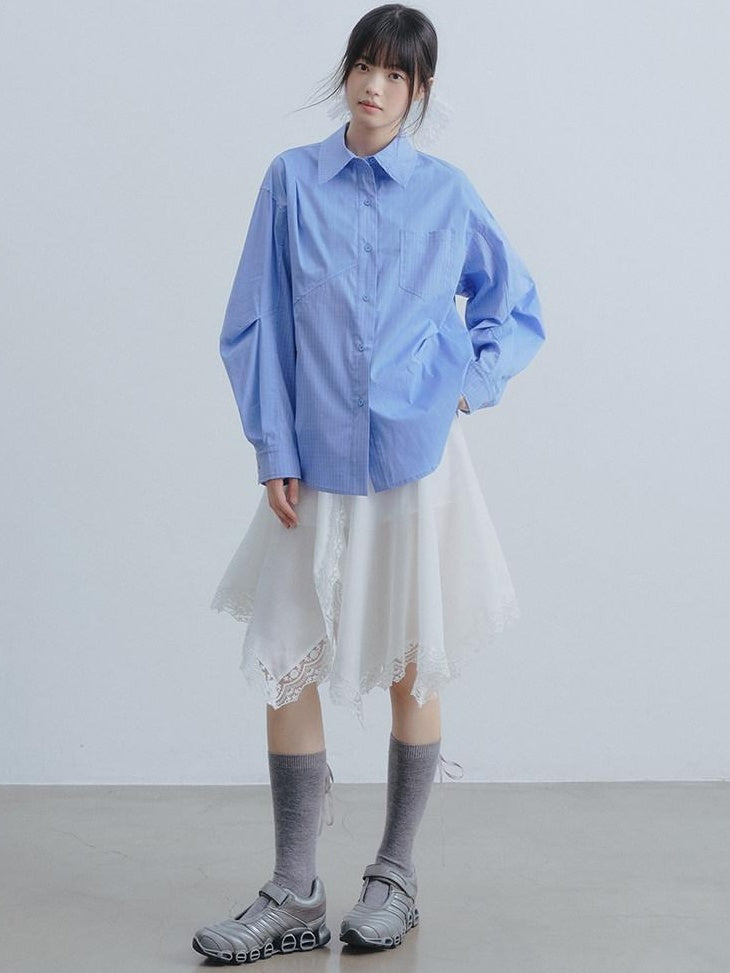 DDGIRL studio Breathable Cotton Blend Loose Patchwork Geometric Button Long Sleeve Shirts