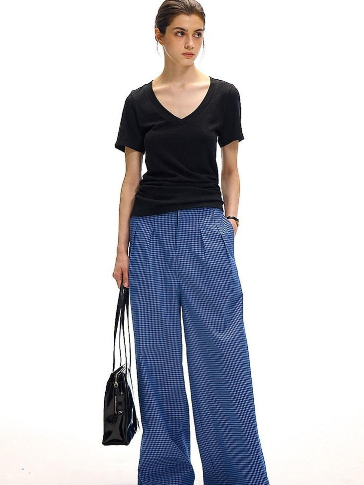 Country Moment 100 Percent Cotton Vintage Natural Waist Pockets Gem Blue Plaid Wide Leg Pants