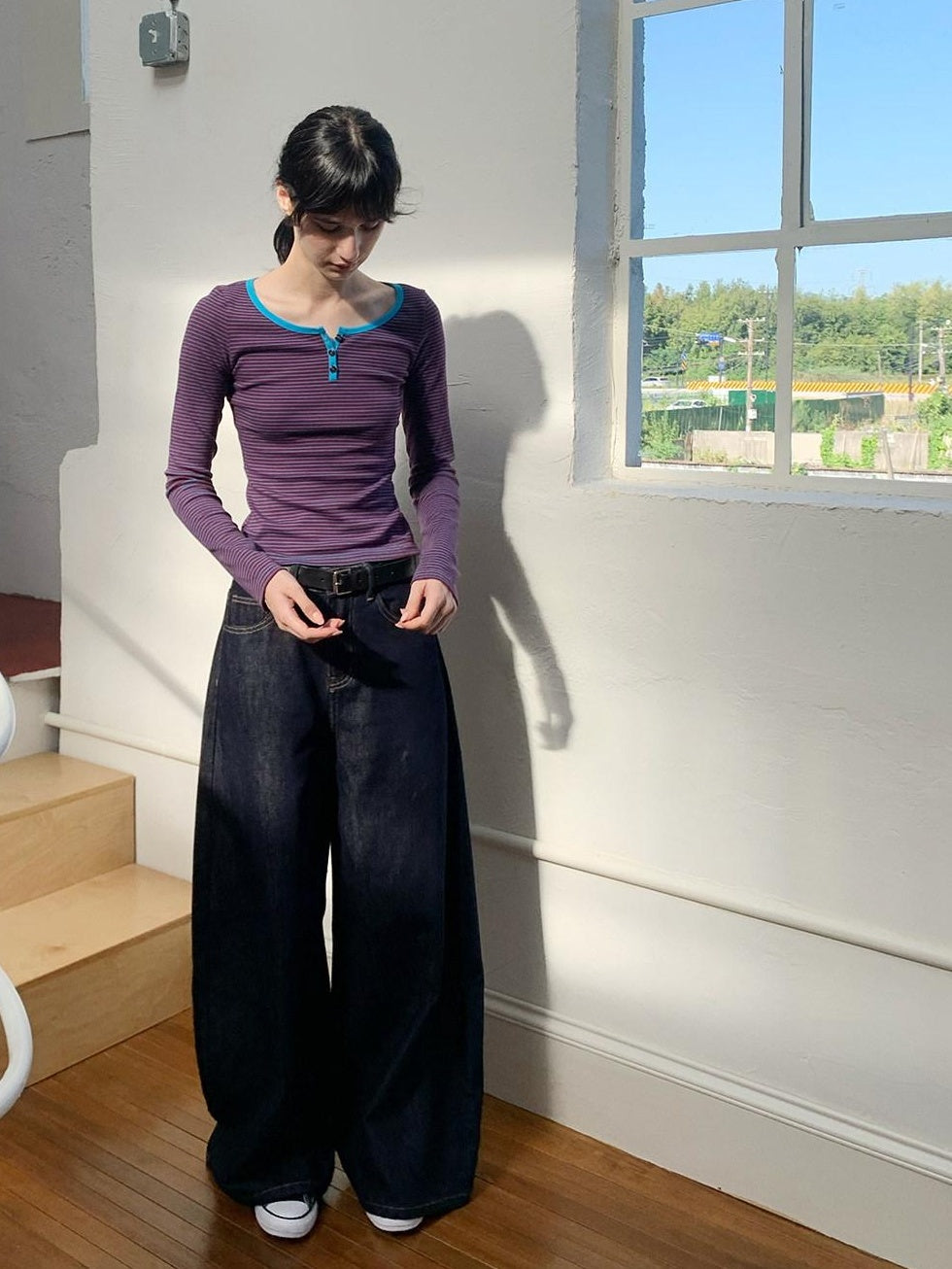 Country Moment Breathable Cotton Slim Fit Retro Striped Henley Women Long Sleeve T-Shirts
