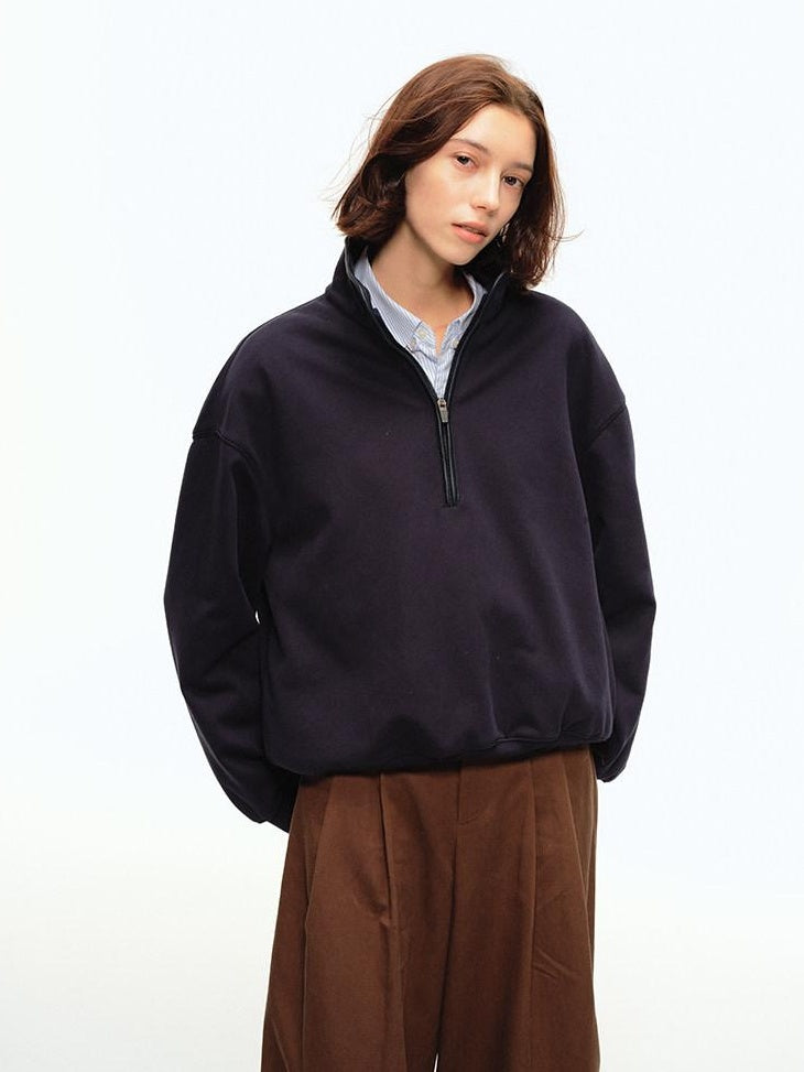 Country Moment Soft Cotton Blend Stand Collar Half Zip American Youth Casual Navy Sweatshirt
