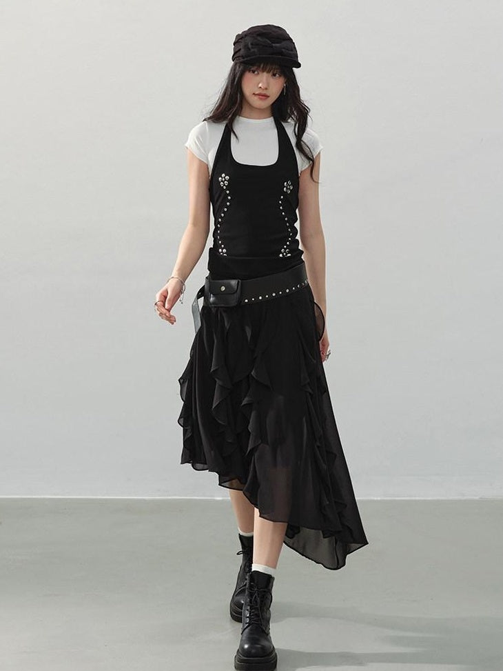 DDGIRL studio Breathable Cotton Vintage Studded Slim Fit Women Black Short Sleeve T-Shirts