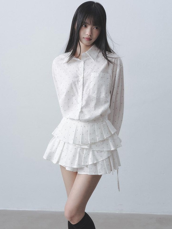 DDGIRL studio Quick Dry Pleated Polka Dot High Waist Button Shirt Women Top & Skirt Sets