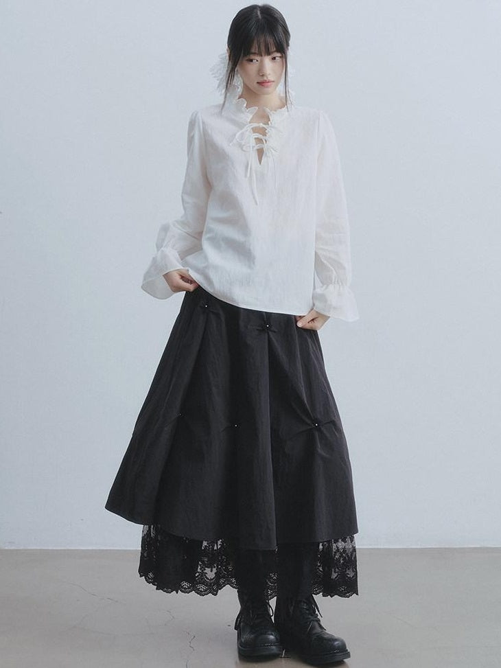 DDGIRL studio Breathable Non Deforming Ruffle Collar Bell Sleeve Straight Cut Commuter Shirts