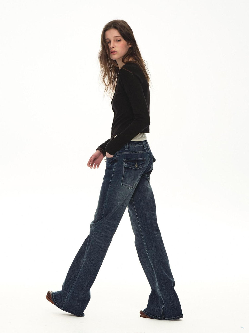 Country Moment Slimming Soft Breathable Distressed Low Rise Vintage Blue Stonewash Flared Jeans