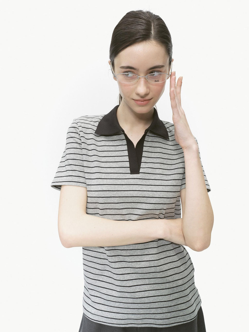 Country Moment Cotton Blend Patchwork Slim Polo Collar Striped Grey Short Sleeve T-Shirts