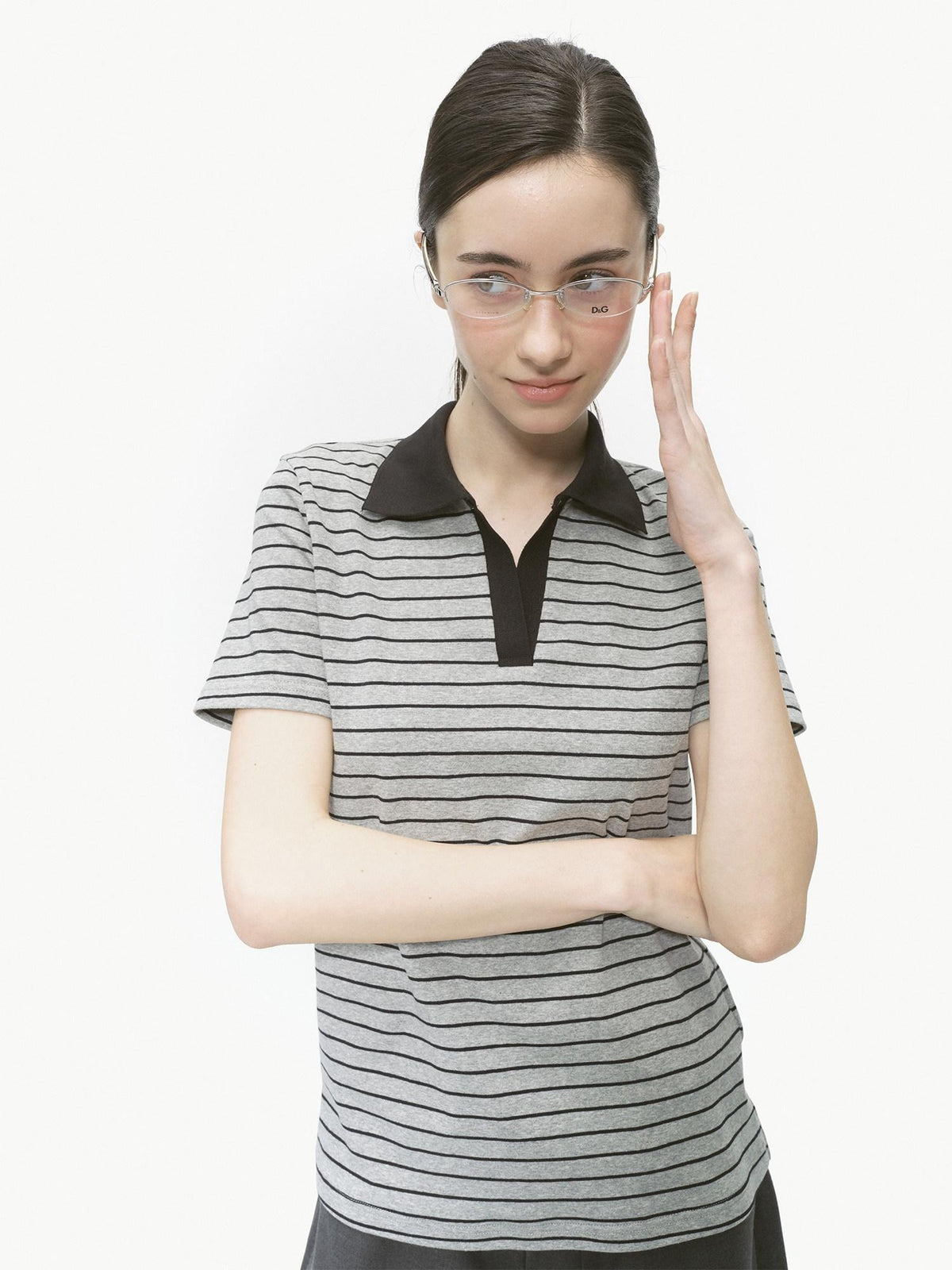 Country Moment Cotton Blend Patchwork Slim Polo Collar Striped Grey Short Sleeve T-Shirts