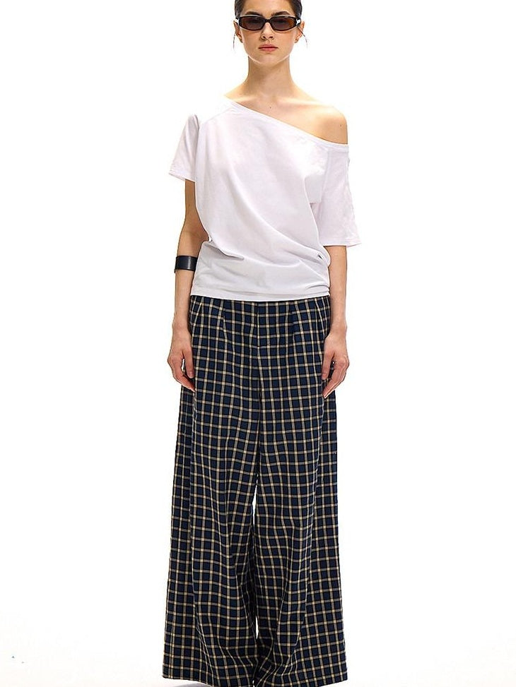 Country Moment Versatile Minimal Indigo Check Cotton Natural Waist Straight Wide Leg Pants