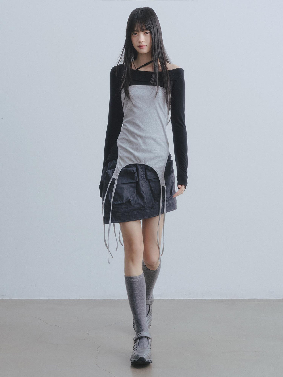 DDGIRL studio Soft 100 Percent Cotton High Waist Cargo Office Women Dark Gray Mini Skirts
