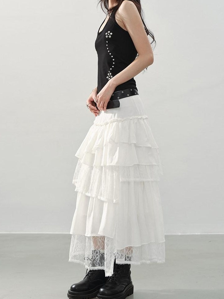 DDGIRL studio Shape Retaining Asymmetric Tiered High Waist Lined Lace Linen Women Midi Skirts