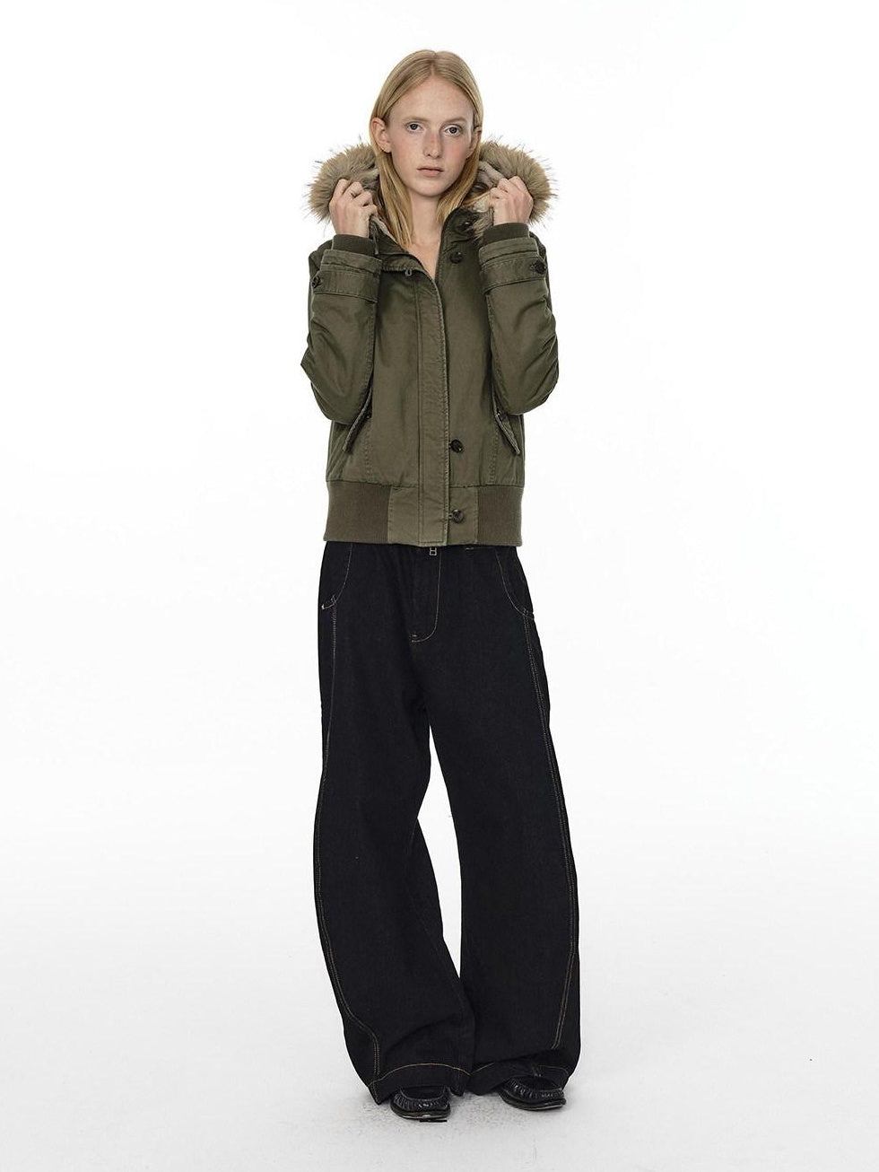 Country Moment Mid Rise Contrast Stitching Loose Fit Unisex Cotton Blend Black Wide Leg Jeans