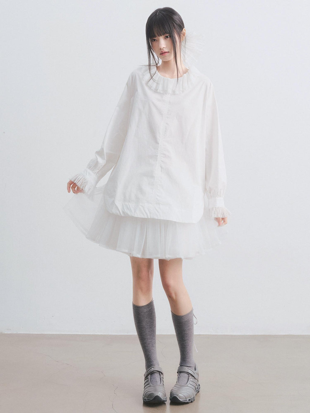 DDGIRL studio Breathable Cotton Lace Doll Collar Petal Sleeve Long Loose Commuter White Shirts
