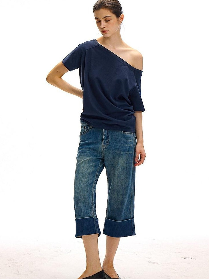 Country Moment High Waist Washed Stretch Straight Leg Denim Blue Mid-Length Shorts