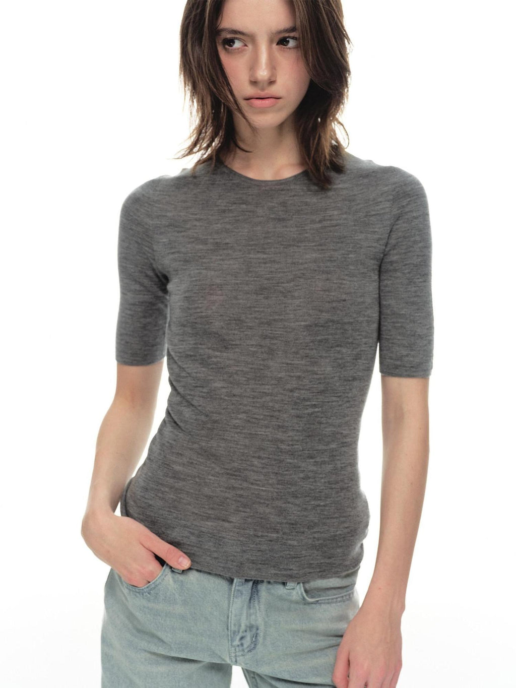 Country Moment Breathable Wool Slim Knit Crew Neck Women Citywalk Thin Short Sleeve T-Shirts