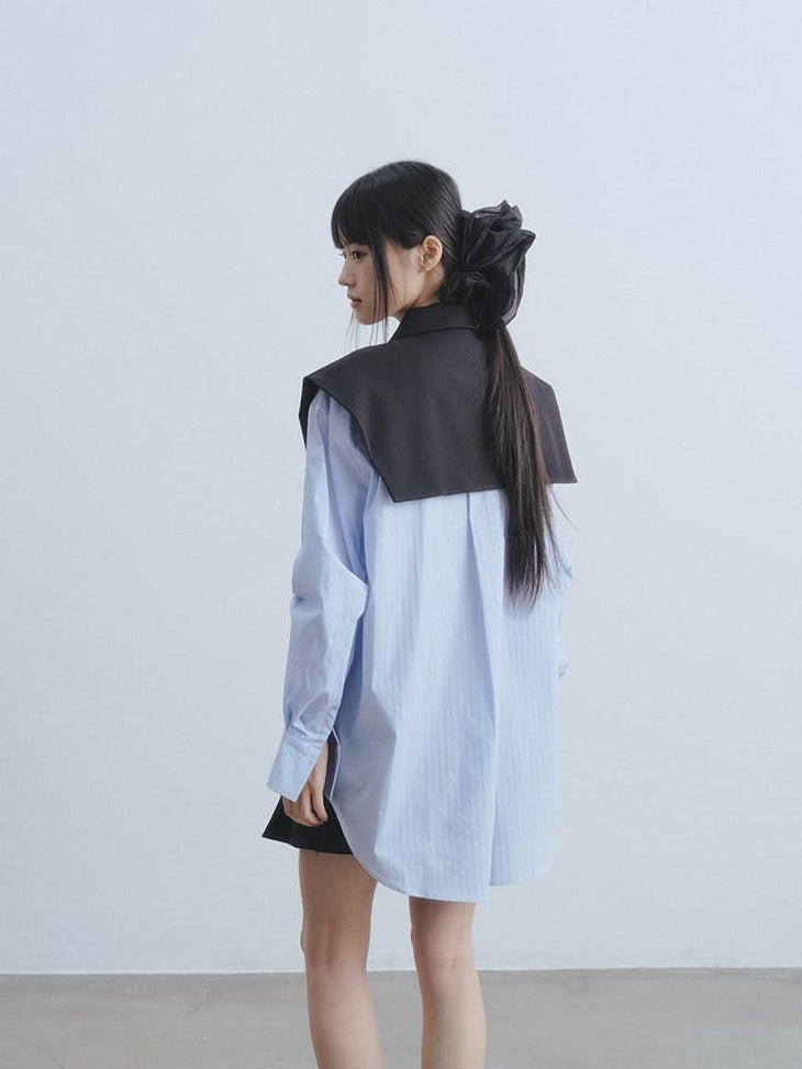 DDGIRL studio Breathable Cotton Loose Faux Layer Pleat Sleeve Striped Navy Collar Shirts