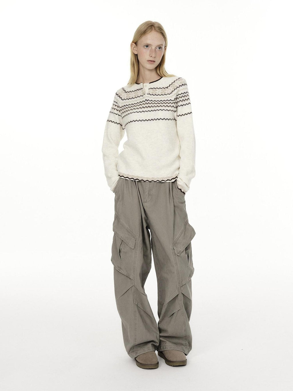 Country Moment Jacquard Henley Button Pullover Slim Fit Youth Wool Blend Striped Sweaters
