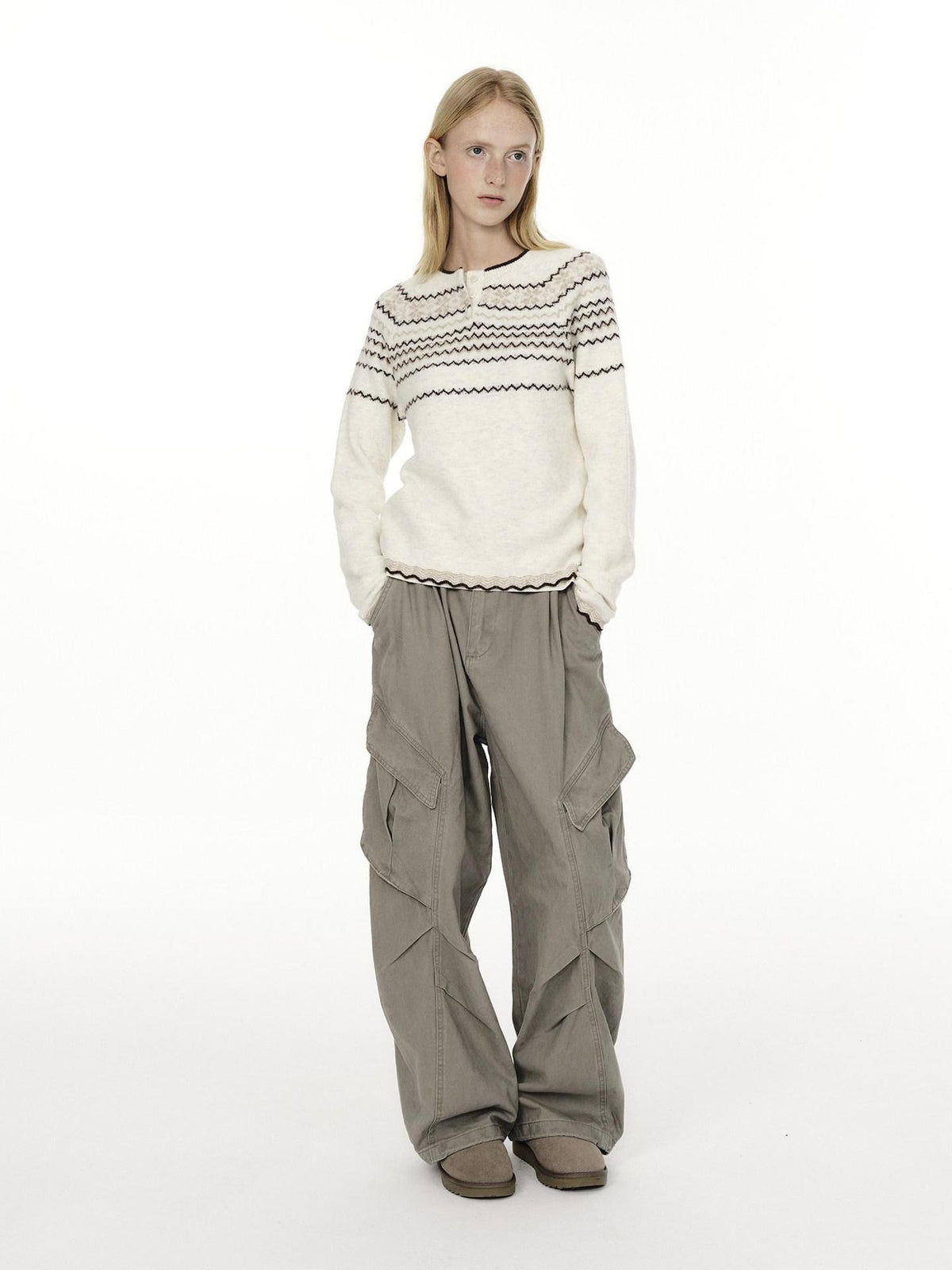 Country Moment Jacquard Henley Button Pullover Slim Fit Youth Wool Blend Striped Sweaters