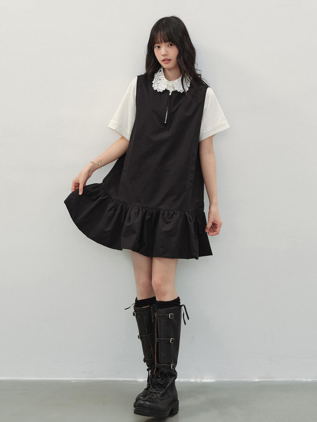 DDGIRL studio Soft Washed Cotton Nylon A Line Doll Collar Pockets Black Mini Dresses
