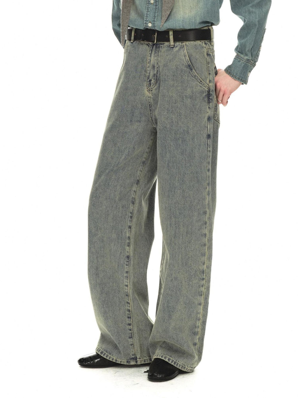 Country Moment Distressed Mid Rise Relaxed Unisex Breathable Cotton Grey Blue Wide Leg Jeans