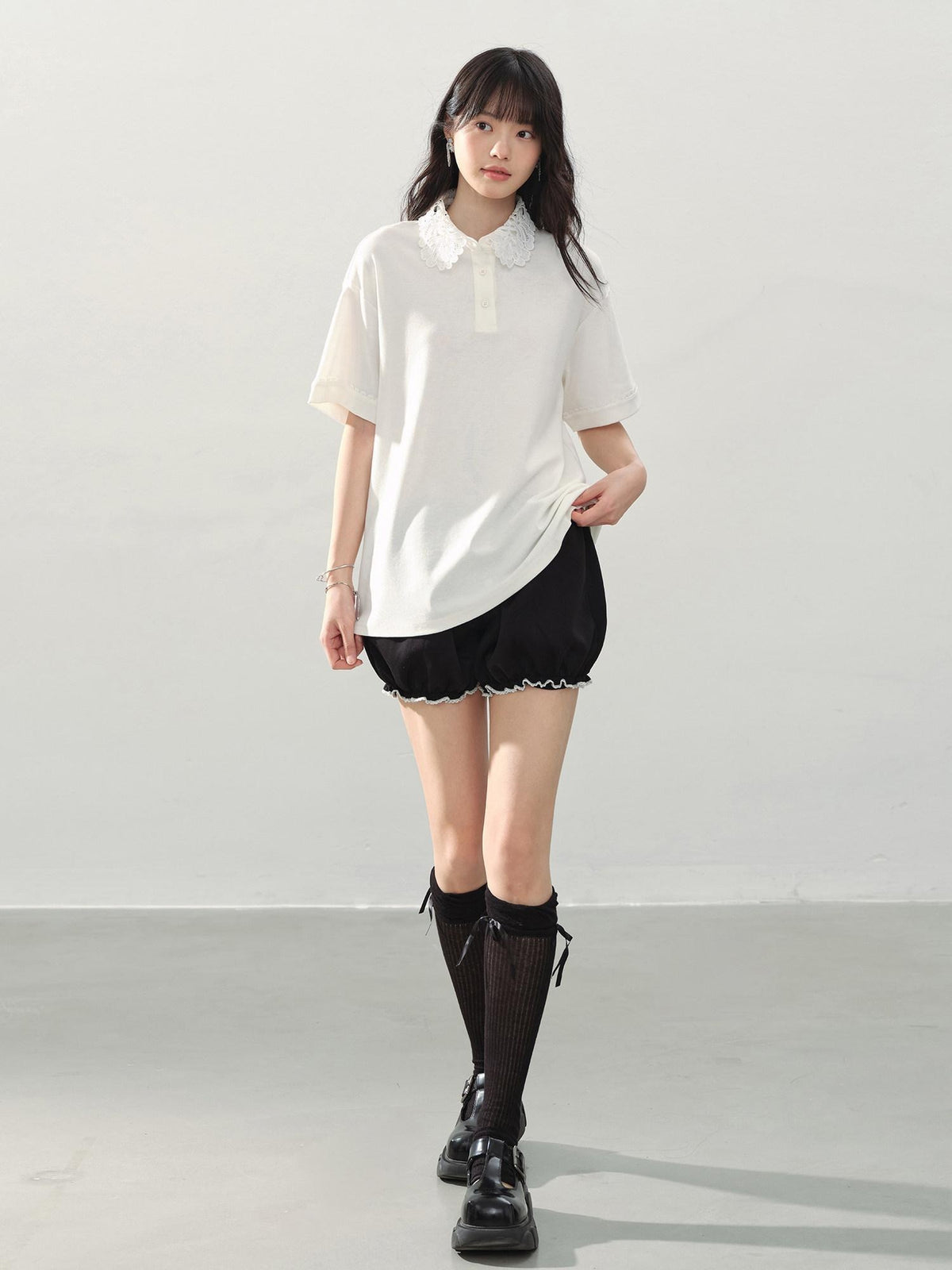 DDGIRL studio High Waist Black Casual Lantern Silhouette Teen Stretch Polyester Modal Shorts