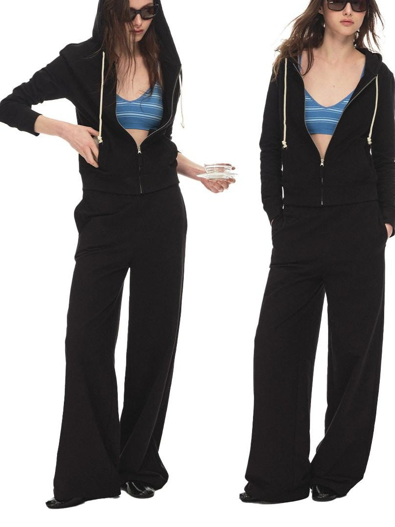 100% Cotton Durable Loose Mid Rise Drawstring Black Straight Leg Sweatpants