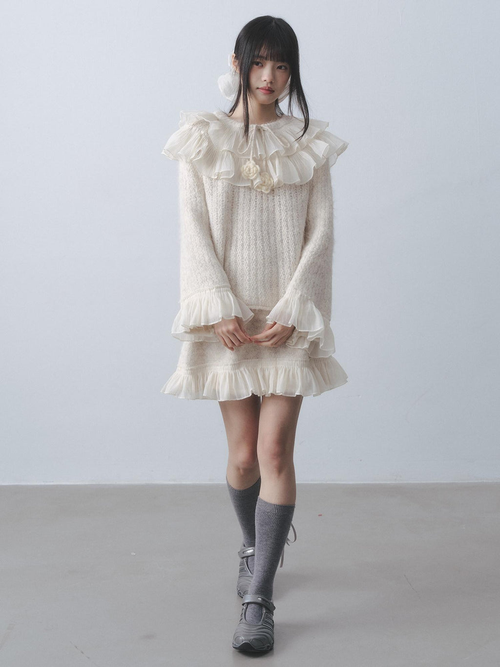 DDGIRL studio Warm Knitted Ruffle Pullover Loose Gentle Floral High Waist Top & Skirt Sets