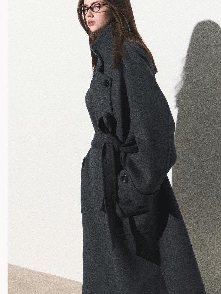 7 OAKMOO Warm Thick Stand Collar Mid Length Loose Fit Commuter Womens Wool Coats