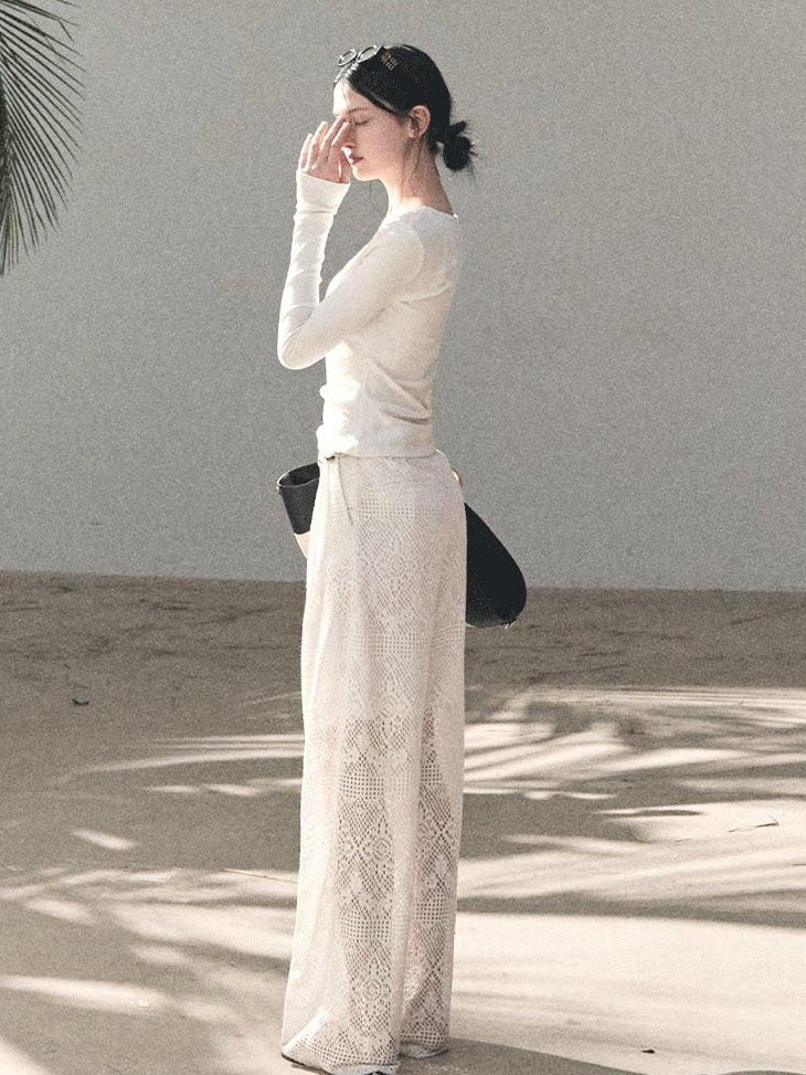 7 OAKMOO Mid Rise Cotton Blend Casual Straight Fit Women Mist White Wide Leg Pants