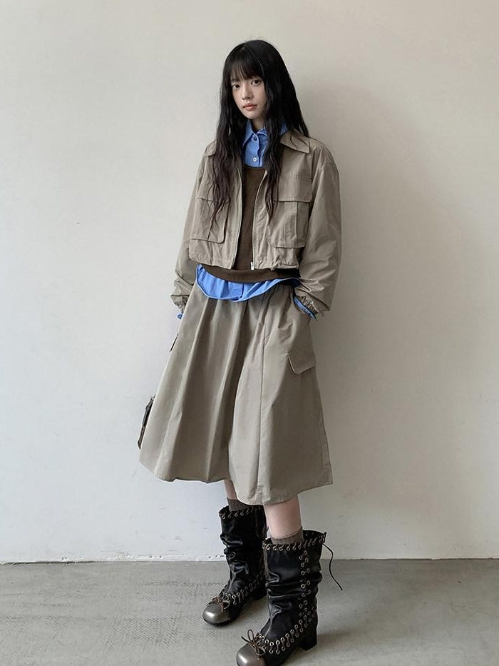 DDGIRL studio Zip Front Long Sleeve Lapel Collar Commuter Women Polyester Top & Shorts Sets