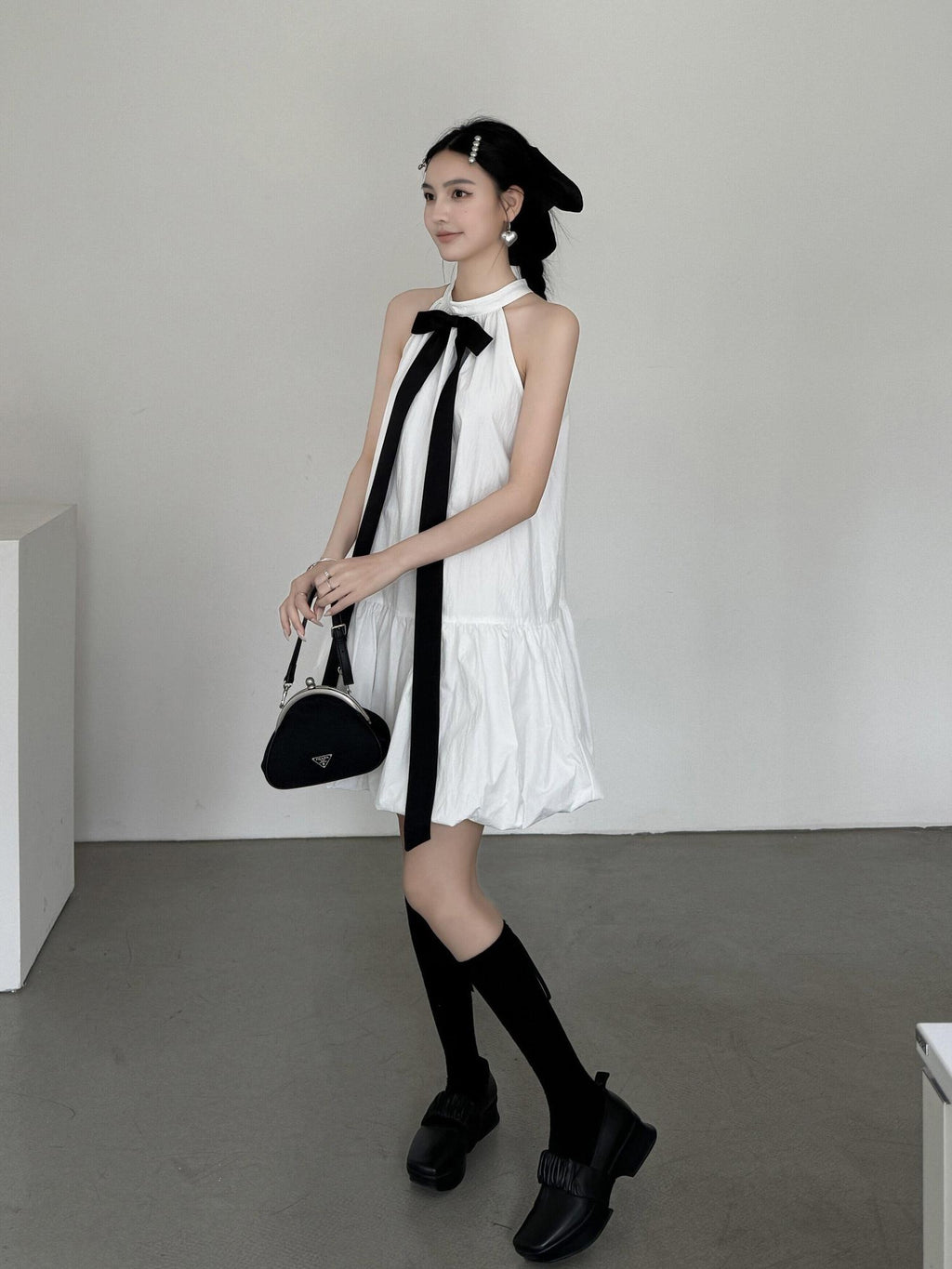 DDGIRL studio Soft Cotton Nylon Bow Sleeveless Aline Office Women Halter Back Zip Midi Dresses