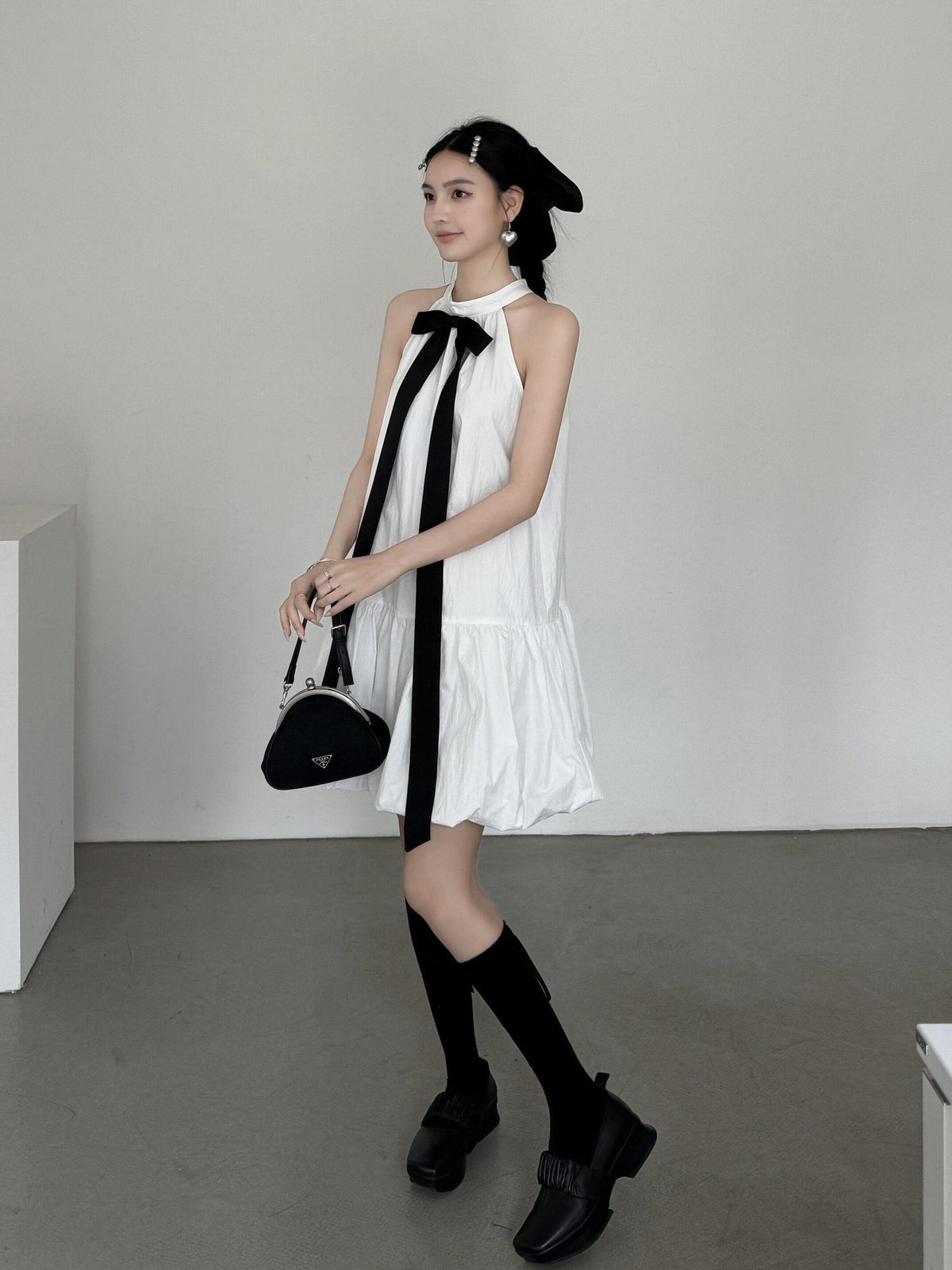DDGIRL studio Soft Cotton Nylon Bow Sleeveless Aline Office Women Halter Back Zip Midi Dresses