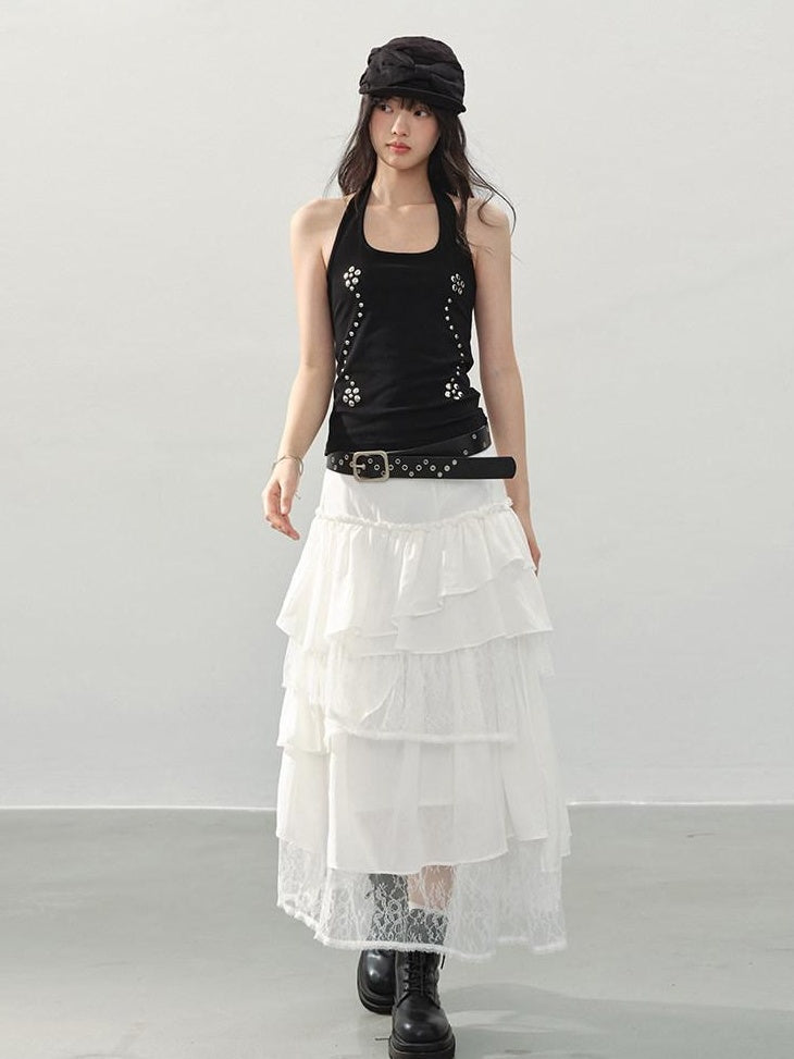 DDGIRL studio Shape Retaining Asymmetric Tiered High Waist Lined Lace Linen Women Midi Skirts